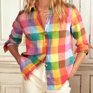Boden Sienna Linen Shirt Rainbow Multi Gingham 12P EUC